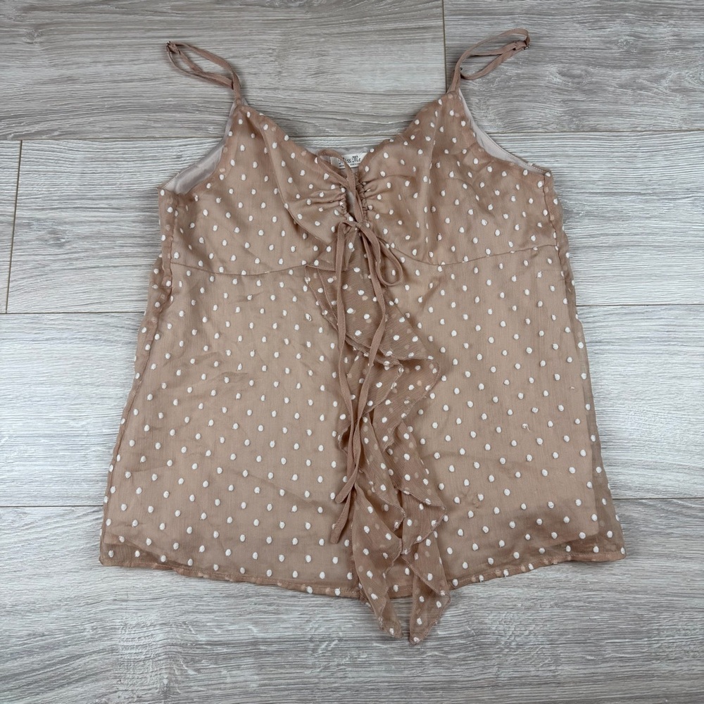 Miss Me Taupe Ivory Dotted Ruffle Cami Top Keyhole Bow Medium MT1030T
